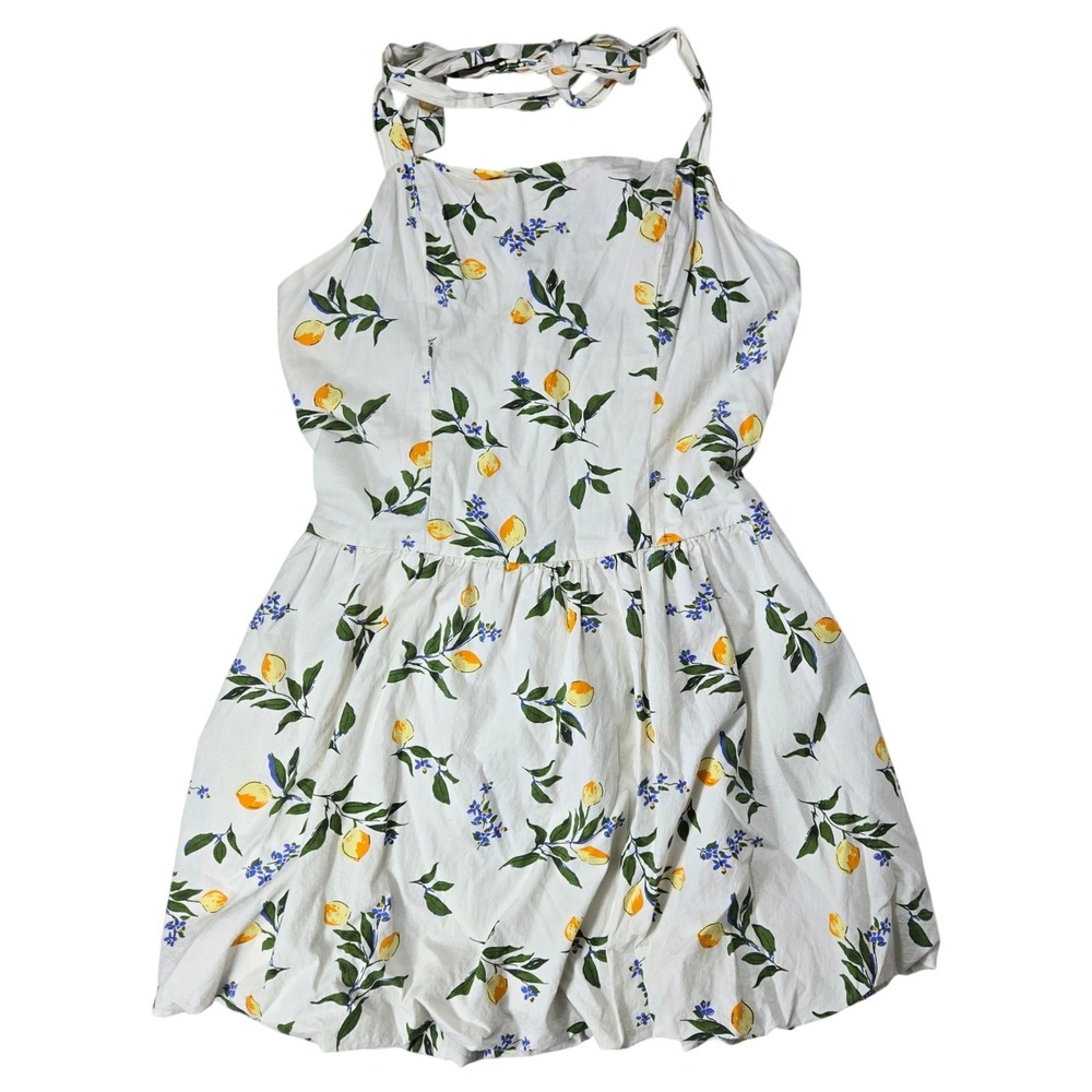 Sim & Sam Lemon Print Cotton Halter Mini Dress White Floral‎ Smocked Back XL